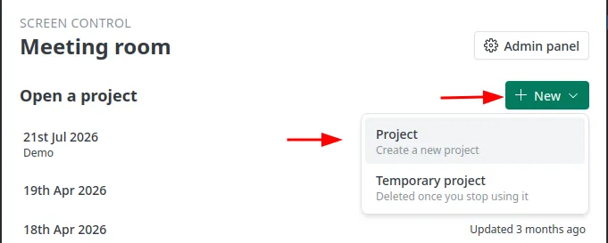 The Screen Control panel for Meeting room on a phone, with an Open a project list and a New button to create a project